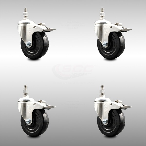 Service Caster 4 Inch 316SS Soft Rubber Swivel 3/8 Inch Threaded Stem Caster Set Lock Brake SCC SCC-SS316TSTTL20S414-SRS-381615-4 - main